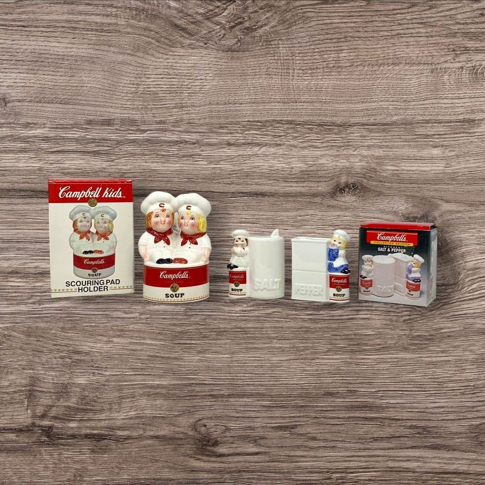 1998 Campbells Soup Kids Kitchen Scouring Pad Holder And Salt & Pepper Shakers